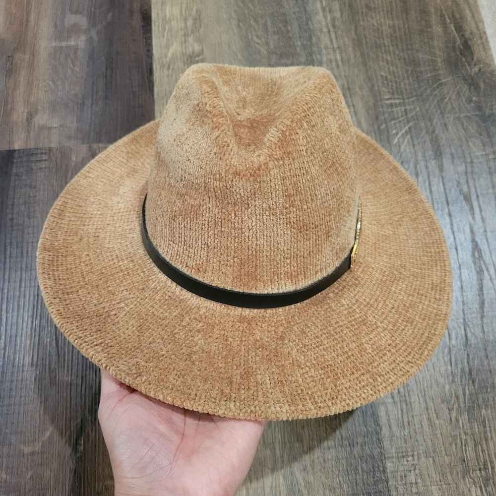 Brown Corduroy Women's Hat with Gold Leaf Accent